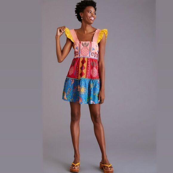 🌸 FARM RIO 🌸by Anthropologie Color blocking Embroidered Mini Dress size XL new - Picture 3 of 13